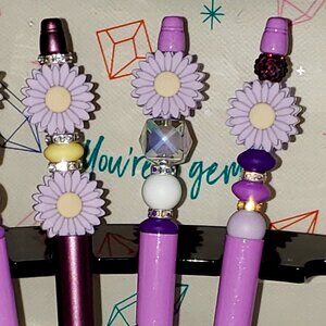 Purple Flower Hand-Crafted Beaded Ballpoint Ink Pen Daisy